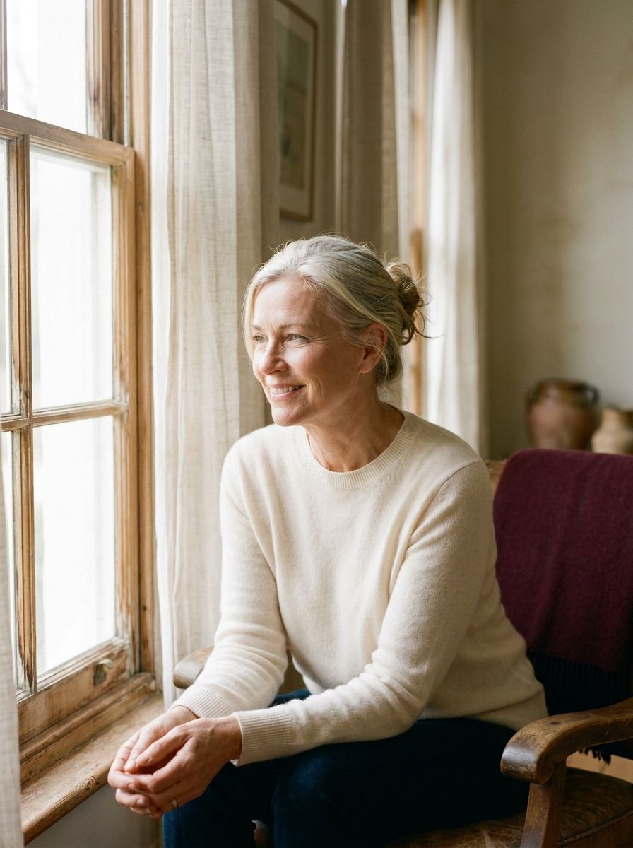Paziente serena vicino a una finestra luminosa
