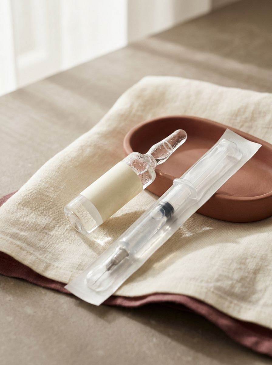 Siringa e fiala di acido ialuronico su lino avorio