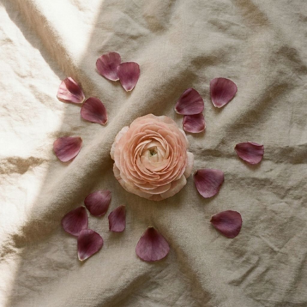 Dettaglio editoriale — ranuncolo e petali su lino